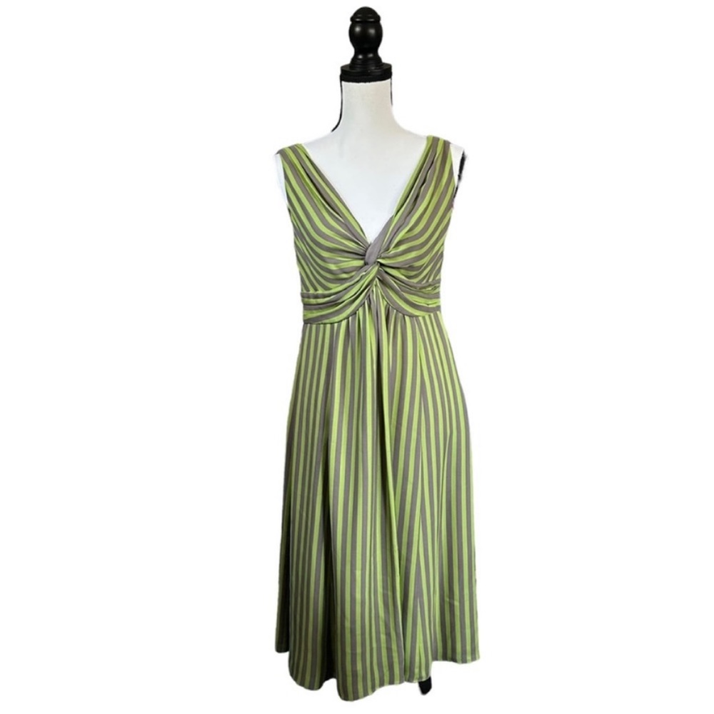 Ted Baker London 100% Silk Green & Gray Stripe Midi Dress Sleeveless V Neck M